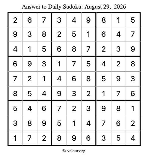 Answer to sudoku August 29, 2026