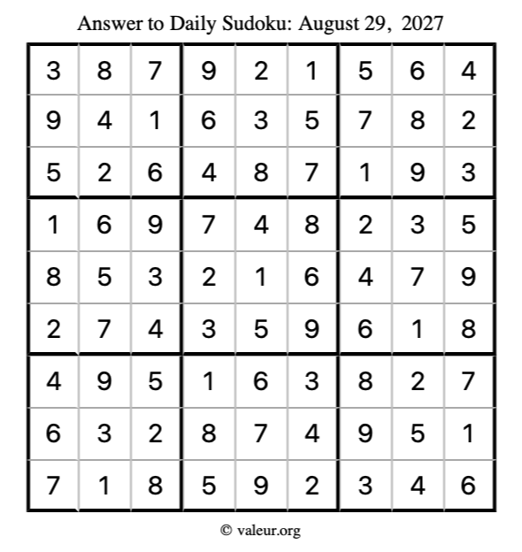 Answer to sudoku August 29, 2027