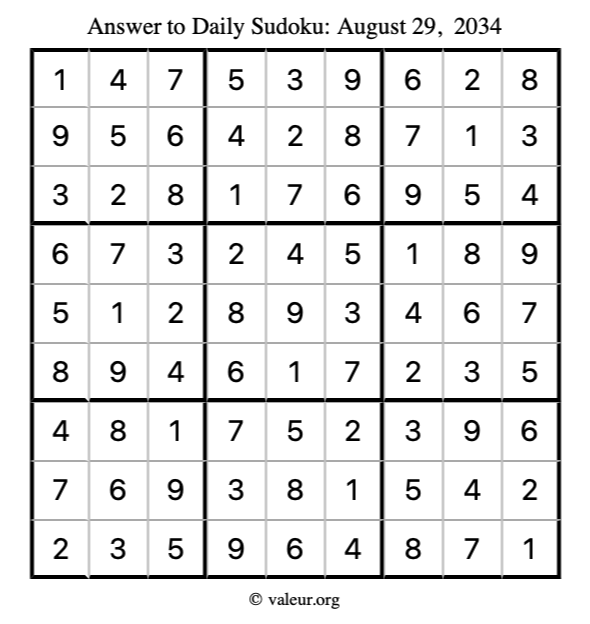 Answer to sudoku August 29, 2034