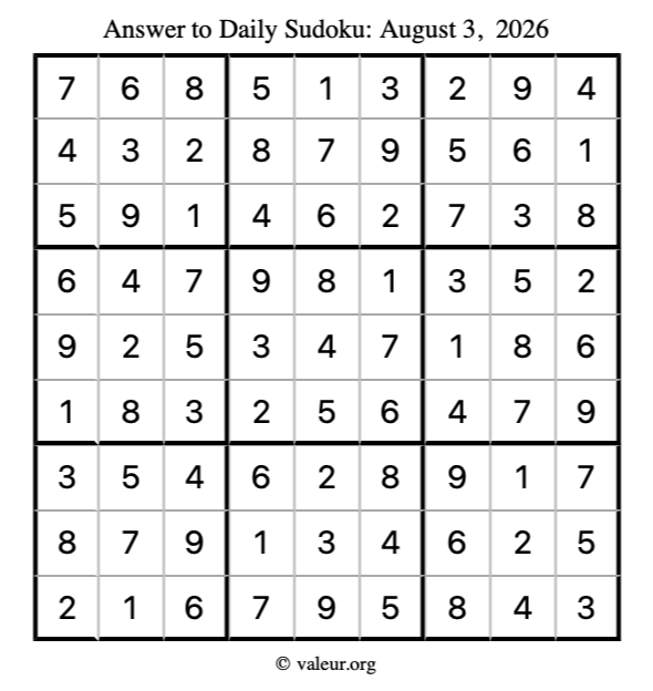 Answer to sudoku August 3, 2026
