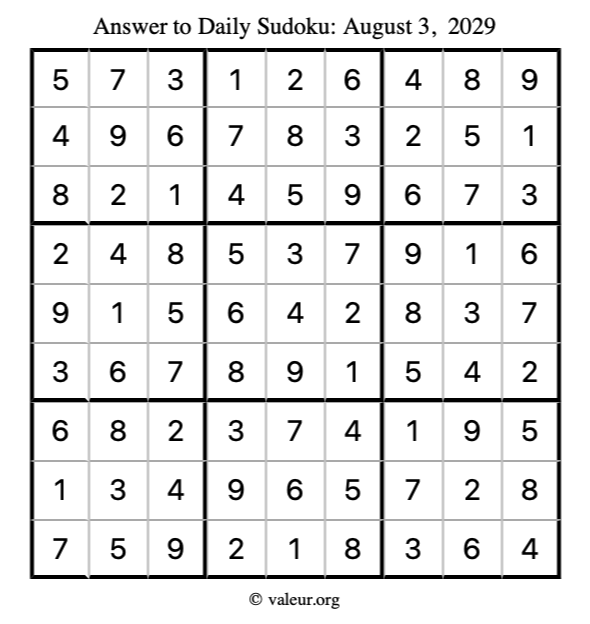 Answer to sudoku August 3, 2029