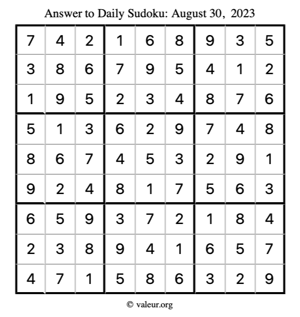 Answer to sudoku August 30, 2023