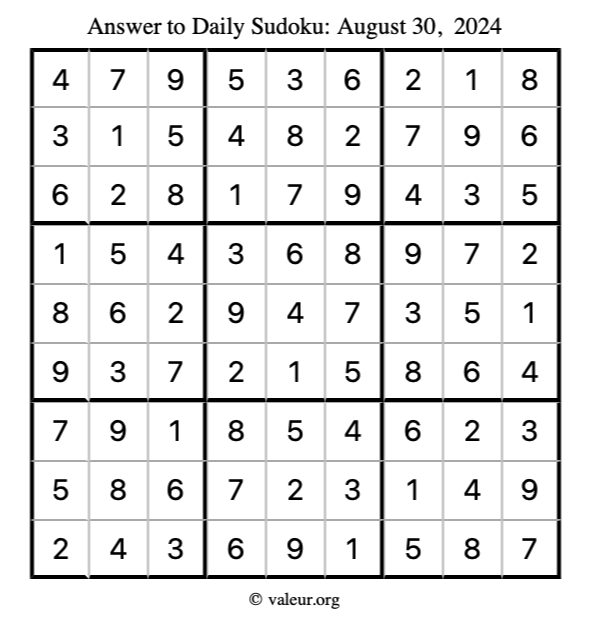 Answer to sudoku August 30, 2024