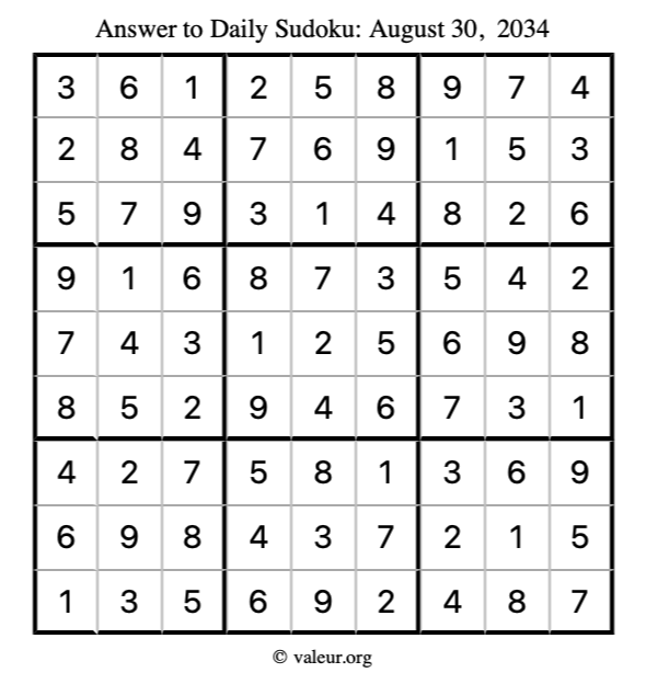 Answer to sudoku August 30, 2034