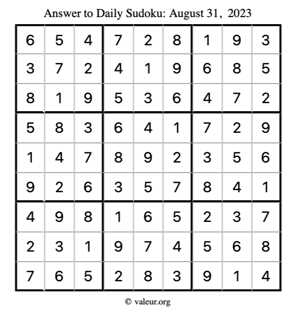 Answer to sudoku August 31, 2023