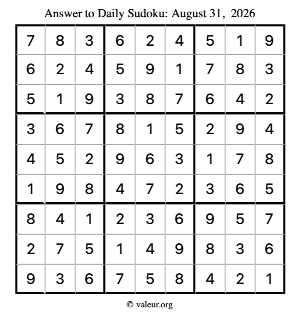 Answer to sudoku August 31, 2026