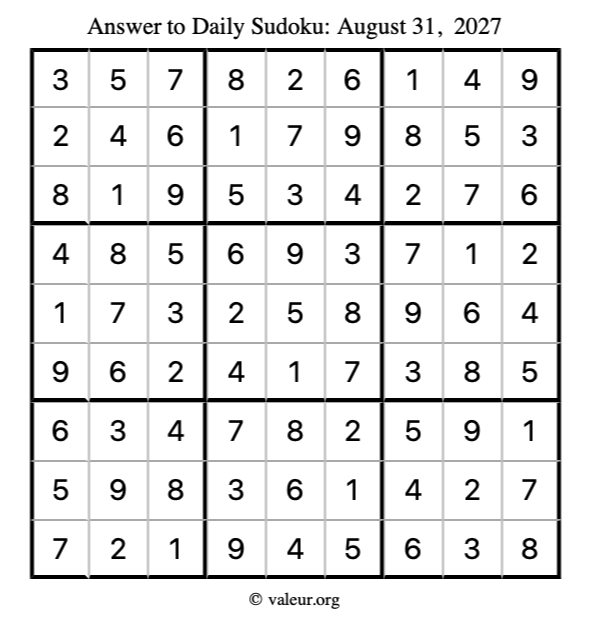 Answer to sudoku August 31, 2027