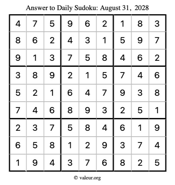 Answer to sudoku August 31, 2028