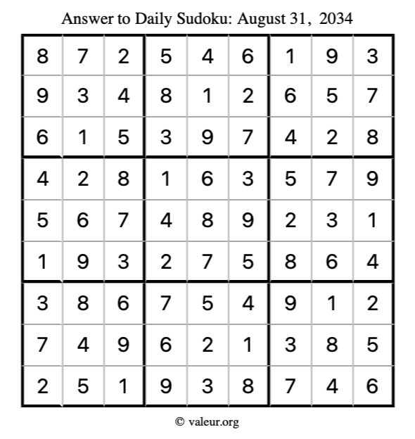 Answer to sudoku August 31, 2034