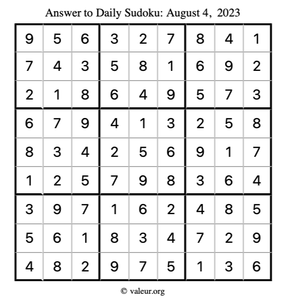 Answer to sudoku August 4, 2023