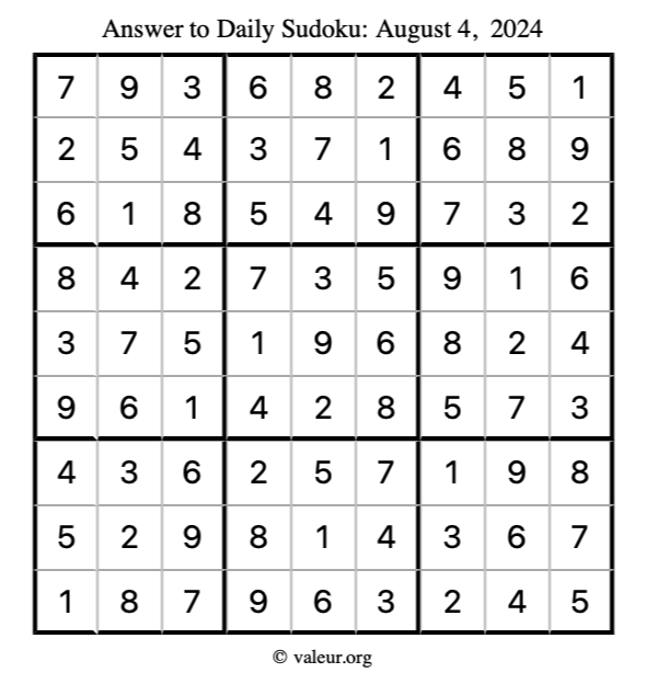 Answer to sudoku August 4, 2024
