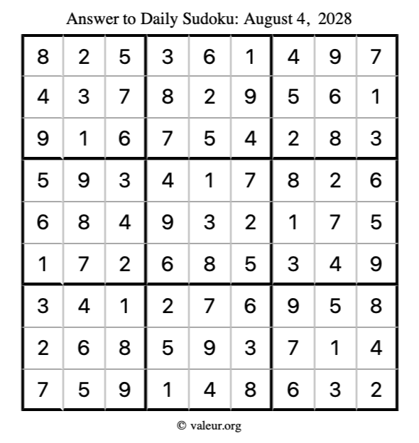 Answer to sudoku August 4, 2028