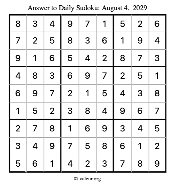 Answer to sudoku August 4, 2029