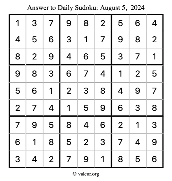 Answer to sudoku August 5, 2024