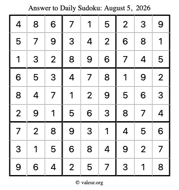 Answer to sudoku August 5, 2026