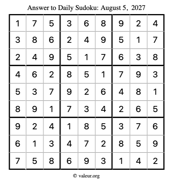 Answer to sudoku August 5, 2027