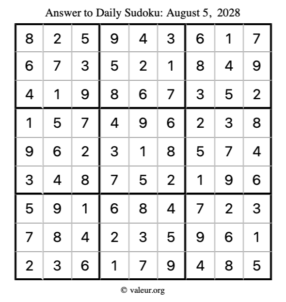 Answer to sudoku August 5, 2028