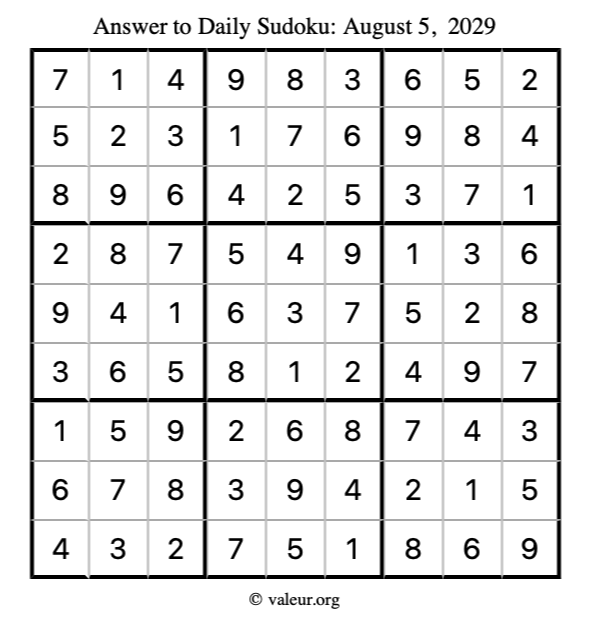 Answer to sudoku August 5, 2029