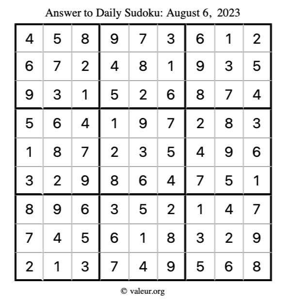 Answer to sudoku August 6, 2023