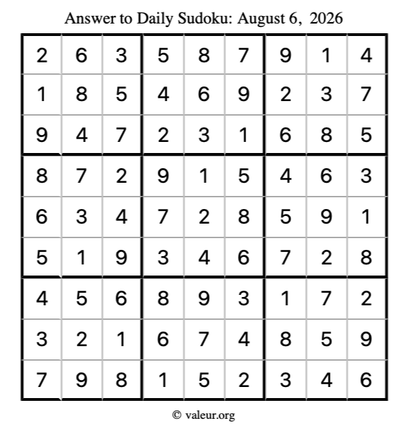 Answer to sudoku August 6, 2026