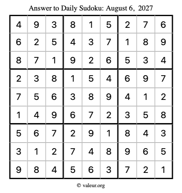 Answer to sudoku August 6, 2027