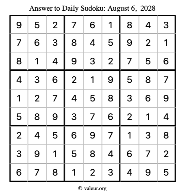 Answer to sudoku August 6, 2028