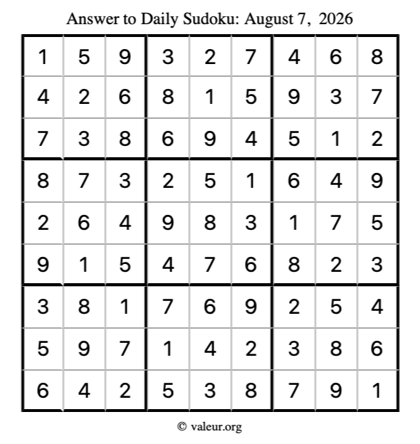 Answer to sudoku August 7, 2026