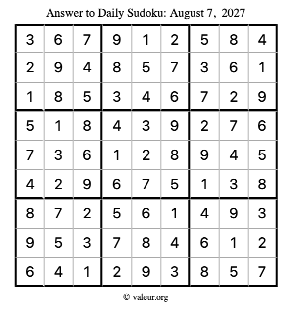 Answer to sudoku August 7, 2027