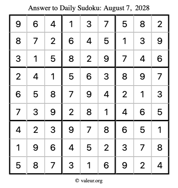 Answer to sudoku August 7, 2028