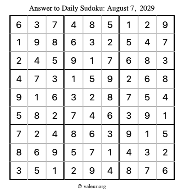 Answer to sudoku August 7, 2029