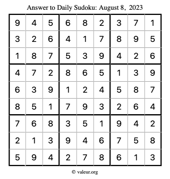 Answer to sudoku August 8, 2023