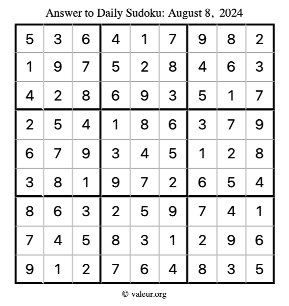 Answer to sudoku August 8, 2024