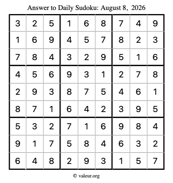 Answer to sudoku August 8, 2026