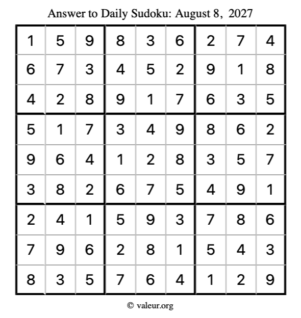 Answer to sudoku August 8, 2027