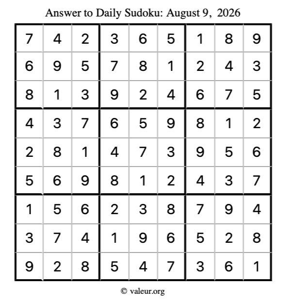 Answer to sudoku August 9, 2026