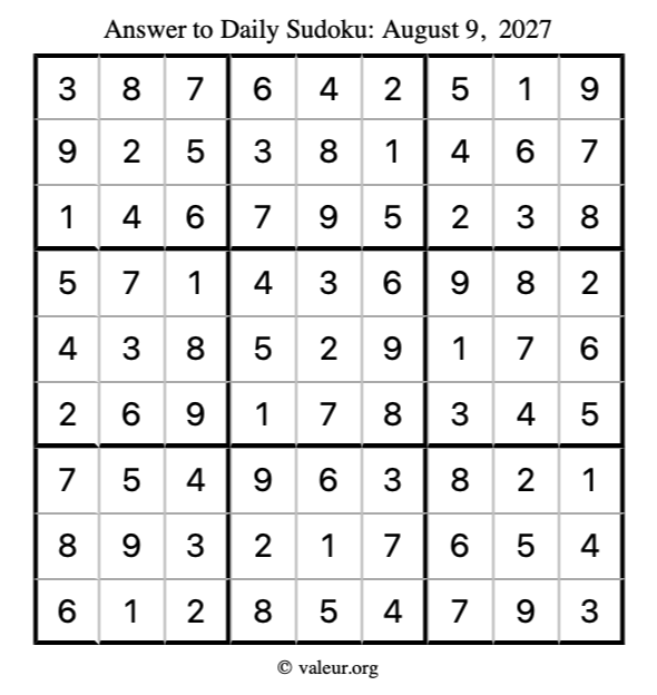Answer to sudoku August 9, 2027