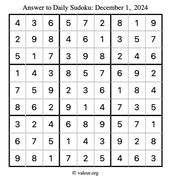 Answer to sudoku December 1, 2024