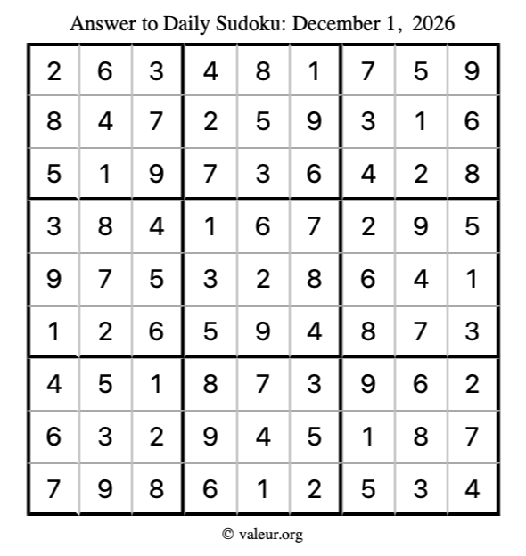Answer to sudoku December 1, 2026