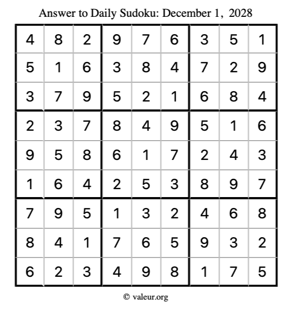 Answer to sudoku December 1, 2028