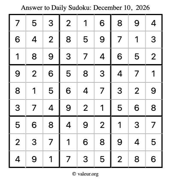 Answer to sudoku December 10, 2026
