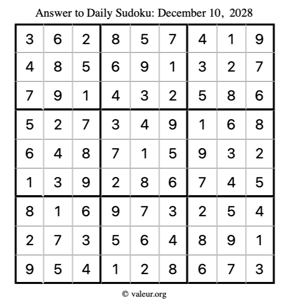 Answer to sudoku December 10, 2028