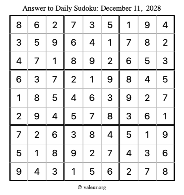 Answer to sudoku December 11, 2028