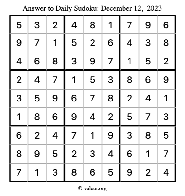 Answer to sudoku December 12, 2023