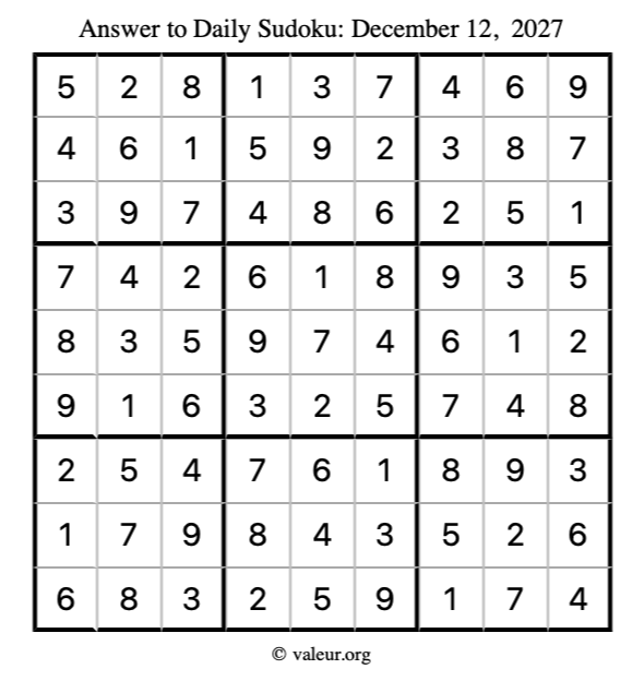 Answer to sudoku December 12, 2027