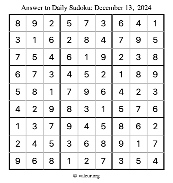 Answer to sudoku December 13, 2024