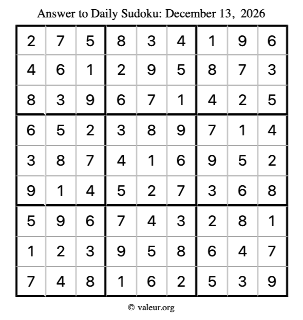 Answer to sudoku December 13, 2026