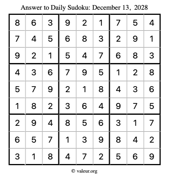 Answer to sudoku December 13, 2028