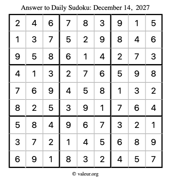 Answer to sudoku December 14, 2027
