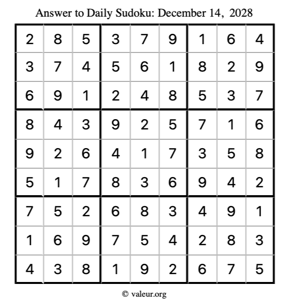 Answer to sudoku December 14, 2028