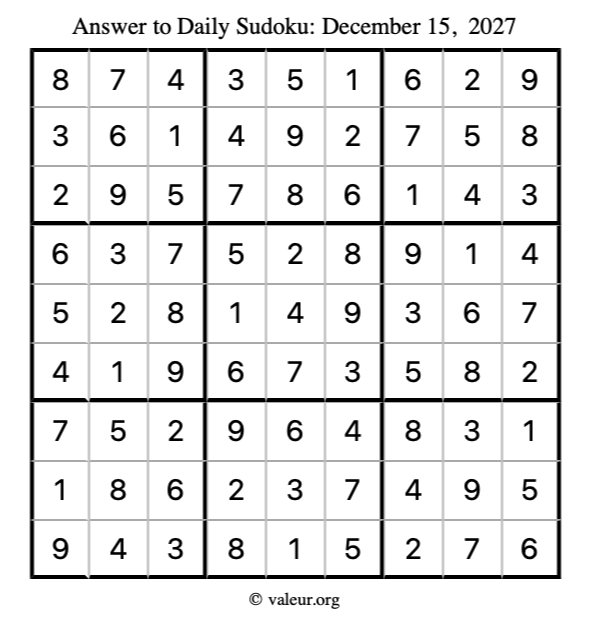Answer to sudoku December 15, 2027